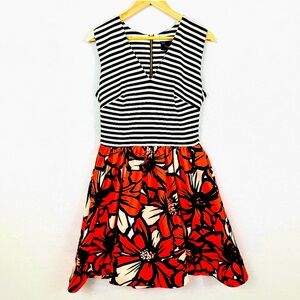 Striped Fit and Flare Floral Scuba Dress: EUC